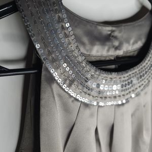 Ann Taylor Loft Dress Gray Silver Satin Shift Sequin Lined Neck Size 8